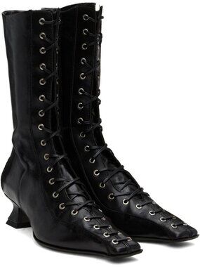 Women's Black Mid Calf Vampire Witch Boots Lace up Chunky Kitten Toe Boots